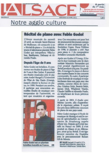 Recital in Mulhouse, France, April 2011 - Newspaper L'Alsace (in French) - watch video excerpt